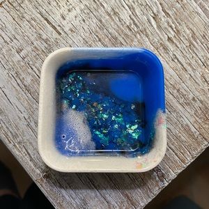 Square Tray / Dish - Blue + Black + White + Iridescent Rainbow Confetti